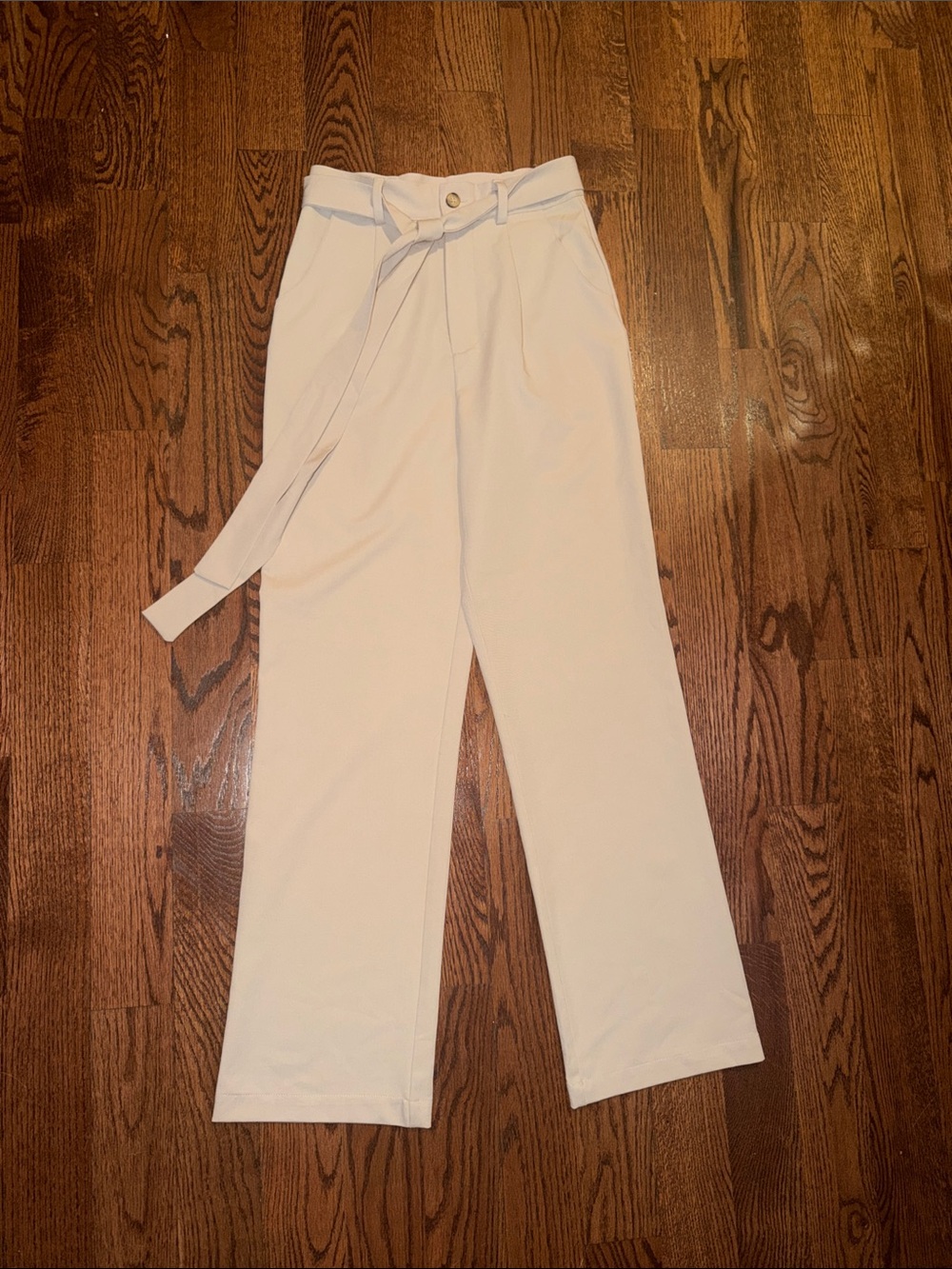 JLUXLABEL Cream High-Rise Wide Leg Belted Trousers